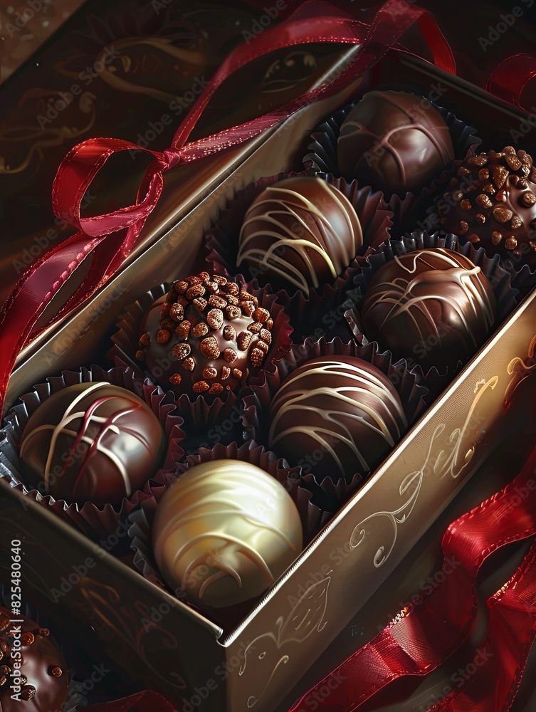 Poster a luxurious box of chocolate truffles adorned with a vibrant red ribbon. generative ai