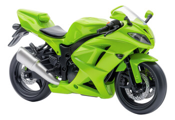 Sleek green sports motorcycle, cut out - stock png.