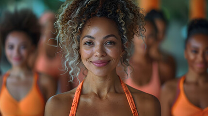 Group of Diverse Women Smiling and Posing in Orange Swimsuits, Summer Fun and Happiness
