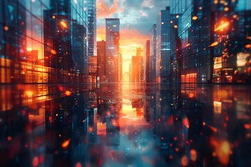 A futuristic city skyline at sunset, reflecting in a shimmering pool of water.
