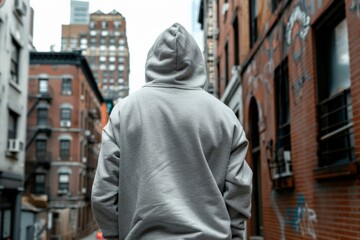 Young man in hoodie staring at city during the day - urban delinquency - street crime - youth issues