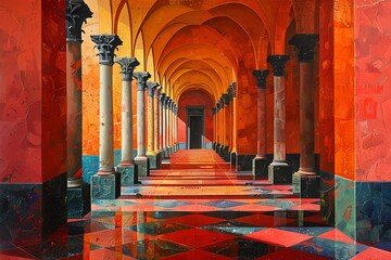 Fototapeta premium A long, red hallway with a series of white columns and a tiled floor. The light from the end of the hallway casts a glow on the walls.