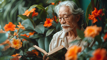 Elderly Man Reading a Book in a Garden Surrounded by Orange Flowers