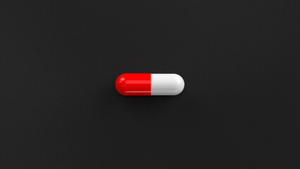 White red single pill isolated on a black background. Tablet, pill capsule top view, flat lay. 3d render illustration 