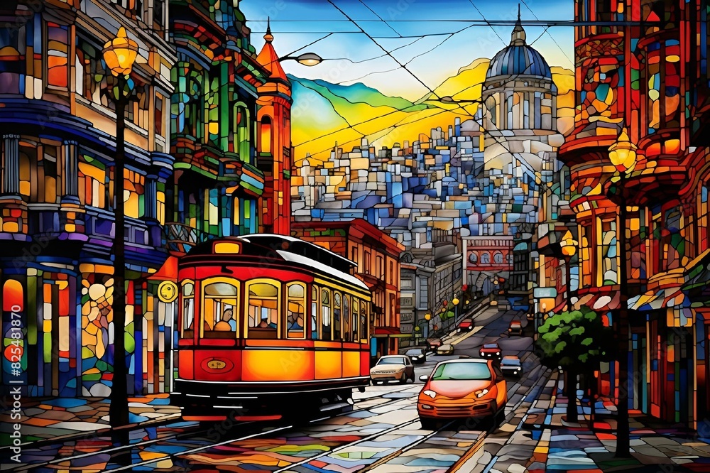 Wall mural AI generated illustration of a San Francisco street scene