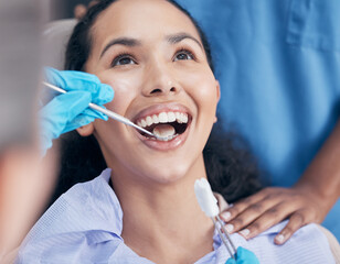 Dental checkup, woman and dentist with procedure, oral hygiene and appointment for teeth whitening....
