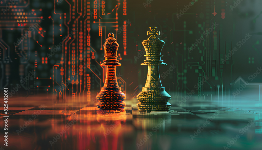 Wall mural one half of chess piece standing on chessboard, and other one filled with programming code