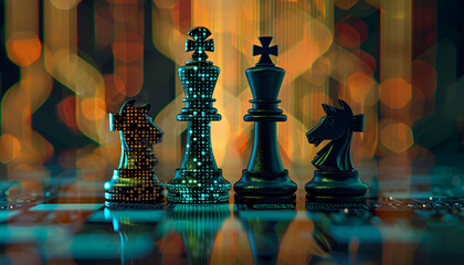 One half of chess piece standing on chessboard, and other one filled with programming code