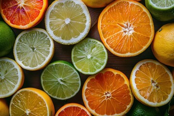 Obraz premium Colorful overhead view of various sliced citrus fruits on a rustic wooden background