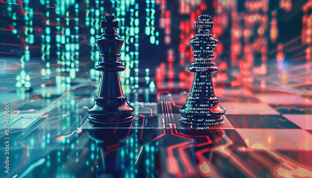 Wall mural one half of chess piece standing on chessboard, and other one filled with programming code