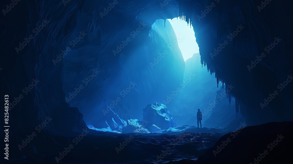 Poster mysterious outline of a nomad exploring a mysterious cave system.