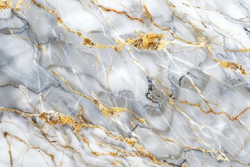 Close-up of a luxurious marble surface with natural patterns, featuring striking gold veins against a delicate white and grey background, perfect as a sophisticated and elegant design element
