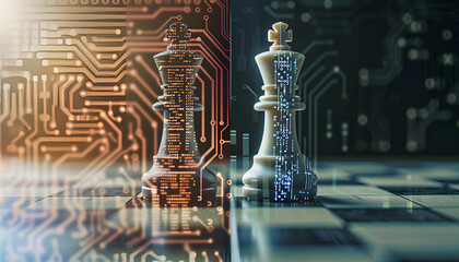 One half of chess piece standing on chessboard, and other one filled with programming code