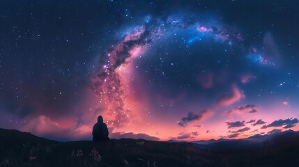 A nomad camping under a starry sky in the wilderness.