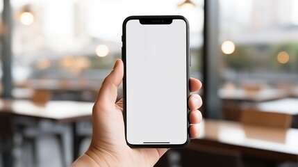 Hand Holding a Smartphone with a Blank Screen in a Modern Cafe Setting