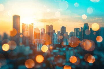 Blurred cityscape background with bokeh effect, blurred urban landscape with defocused skyscrapers in sunset, blurred city lights and blurred urban architecture, blurred city view Generative AI