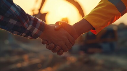 Successful deal, male architect shaking hands with client in construction site after confirm blueprint for renovate building.