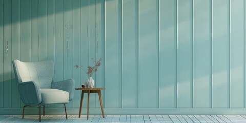 mockup background interior design with an armchair and table against a white wall, in the style of pastel colored green and blue wooden walls in a modern home decor style, copying a space concept.