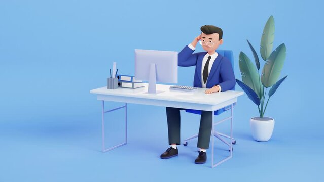 Businessman working at computer, thinking and looking for answer. uncertainty, problem, question, no solution. 3d Character animation. puzzled, confused person. Brainstorm, difficult task
