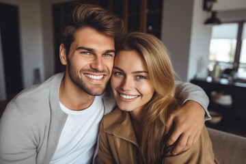 Portrait happy smiling young couple hugging, cheerful woman and man sitting on sofa at home together