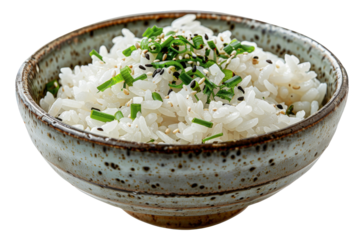 Steamed white rice served in a natural ceramic bowl, cut out - stock png.