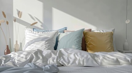 A modern and minimalist styled bedroom interior with neatly arranged colorful pillows on a white bed