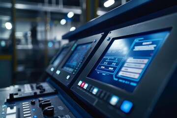 A close up of a futuristic control panel in an automated factory, showcasing sleek touchscreens and responsive controls, sharpened with copy space for impactful visuals