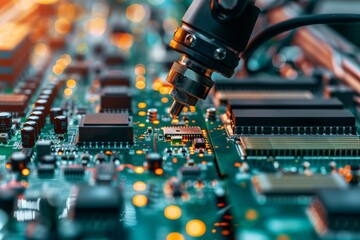 A close up of a robotic arm precisely assembling microchips