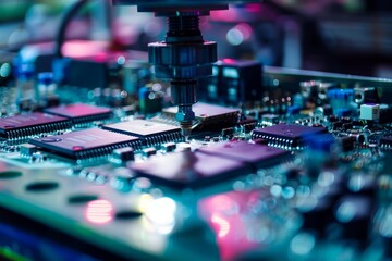 A close up of a robotic arm precisely assembling microchips