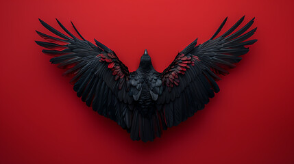 The dark bird with red veins spread its wings on red background.