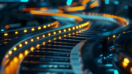 A close up of a stateoftheart conveyor belt system, efficiently transporting products through various stages of production, highlighted by a cinematic look for dynamic presentation