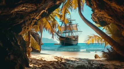 Fototapeta premium A sailing ship viewed from a cave with palm tree and beach