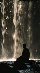 Obraz premium Serene silhouette of an ageless man enjoying a quiet moment by a waterfall.