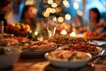 A closeup of a family gathering around a festive table during a national holiday