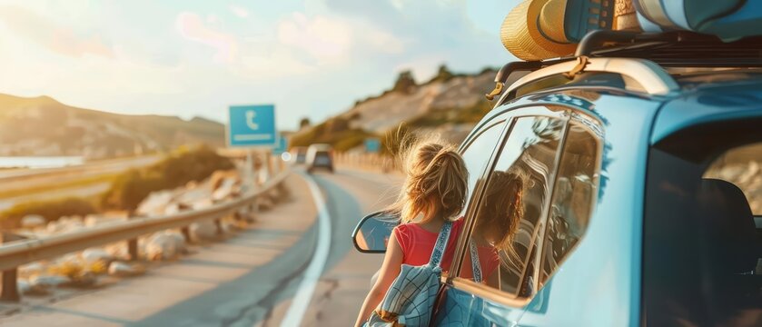 A closeup of a family embarking on a long weekend road trip