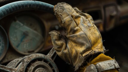 Vintage leather gloves on a rusty car dashboard - Powered by Adobe