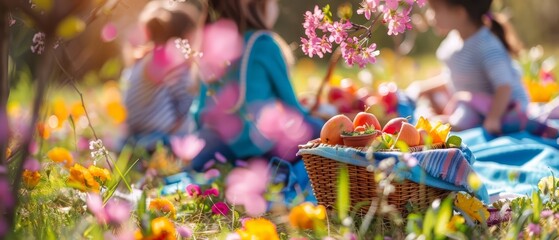 Fototapeta premium A closeup of children enjoying a spring break picnic in a blooming garden