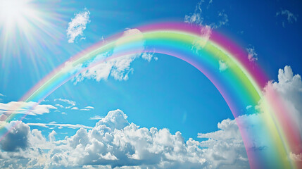 A rainbow stretching across a clear blue sky, with fluffy white clouds drifting by.