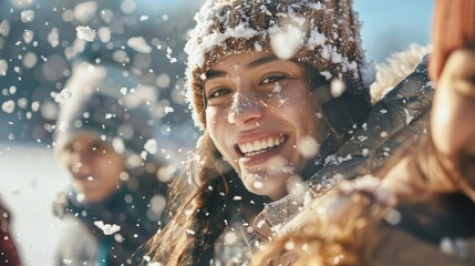 Obraz premium A closeup of students enjoying a snowball fight during a winter break