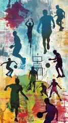 Silhouette of athletes and sports scenes on a contemporary background.