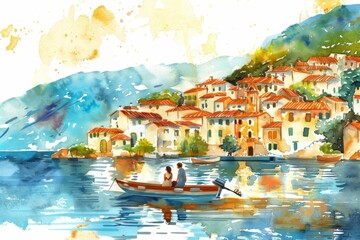 Obraz premium A cute watercolor of a holiday trip, with a couple on a romantic boat ride, in a scenic coastal town, with quaint houses and a serene harbor, clipart isolated on white