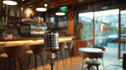 Vintage microphone on a stage with warm lighting for music or event designs