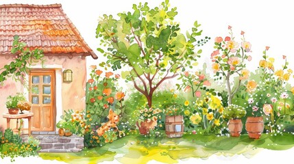 A cute watercolor of a staycation, with home improvement projects and gardening, in a cozy backyard, with blooming flowers and a charming patio, clipart isolated on white