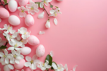 Fototapeta premium Frame with white and pink speckled easter eggs and cherry blossoms on light pink background. Happy Easter concept. Simple spring template, greeting card, banner. Top view, flat lay with copy space