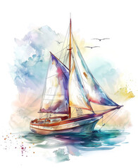 Watercolor painting of sailing boat.