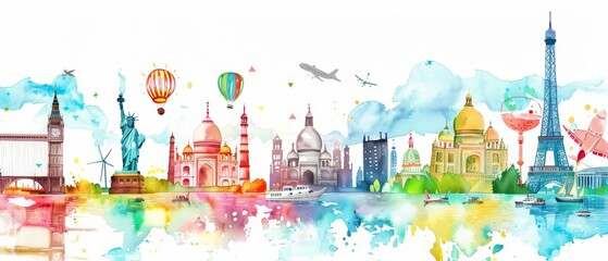 Obraz premium A kawaii watercolor of a bustling travel season