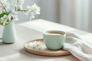 Tranquil setting featuring a cup of coffee on a wooden tray beside a vase with fresh spring blossoms, symbolizing peace, renewal, and the simple pleasures of morning routines