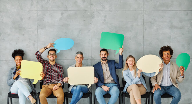 sign business man woman holding blank group message team businessman banner speech bubble copy space young showing businesswoman communication teamwork colleague