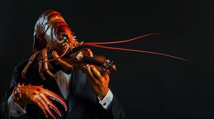 A lobster in a formal tuxedo, holding a tiny violin, against a solid black background with copy space