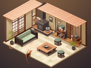 Isometric vector of a tea room in a modern ryokan, blending traditional tatami seating and tea ceremony implements with modern design elements
